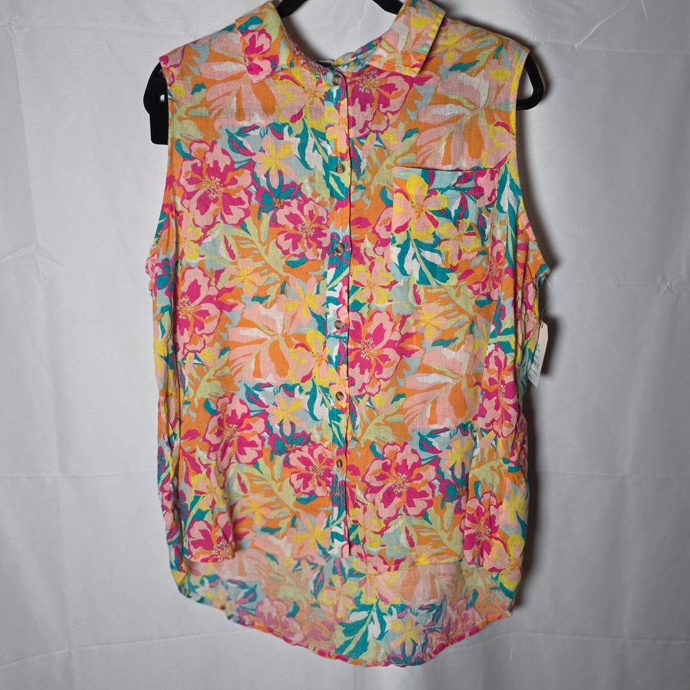 Time and Tru Sleeveless Henley Shirt Womens XL Tropical Floral Print Linen Blend